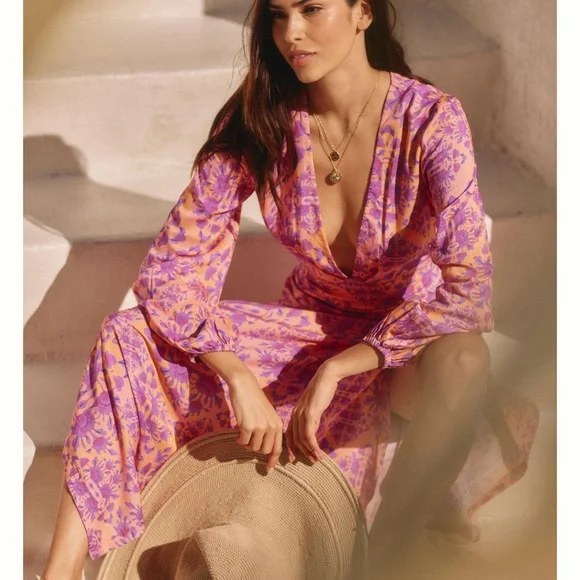 NWT Luli Fama x Anthropologie Printed Deep-V maxi Dress in pink - Picture 3 of 9